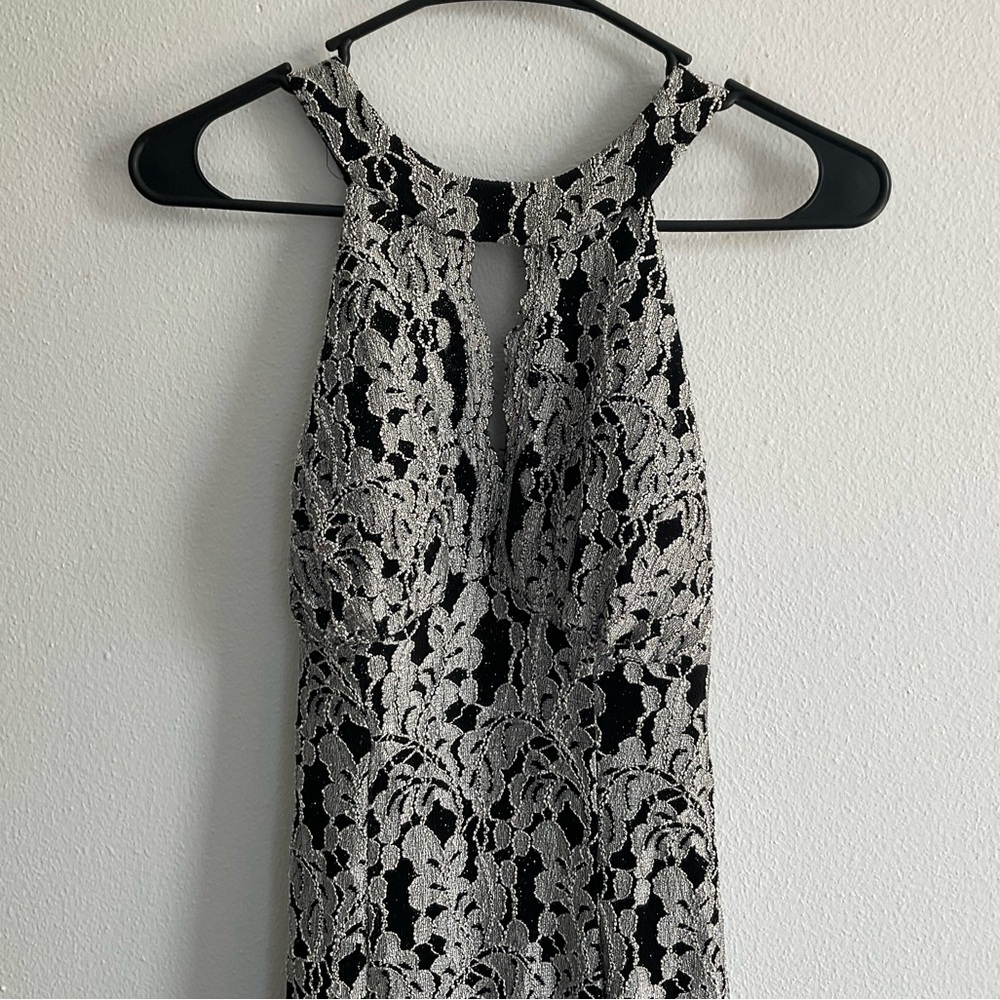 Elegant and Black and Silver Glitter Lace Dress with Scalloped Keyhole